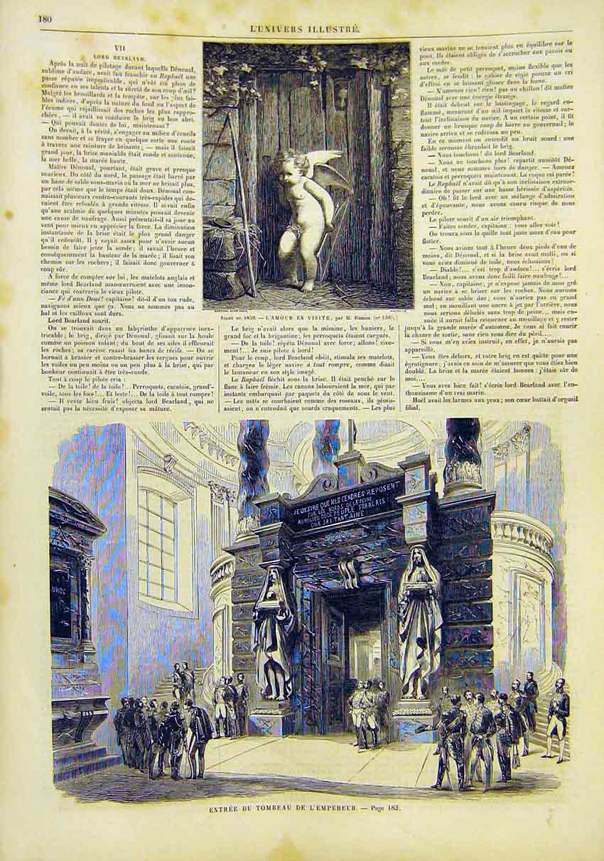 Original Old Antique Print Cupid Tomb Emperor Entrance France French 1859 19th
