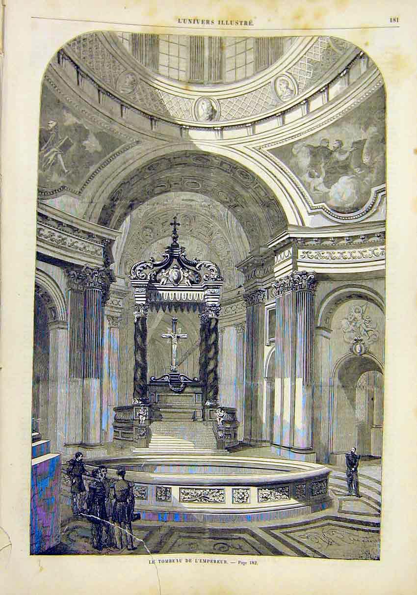 Original Old Antique Print Tomb Emperor Church Cathedral French 1859 Victorian