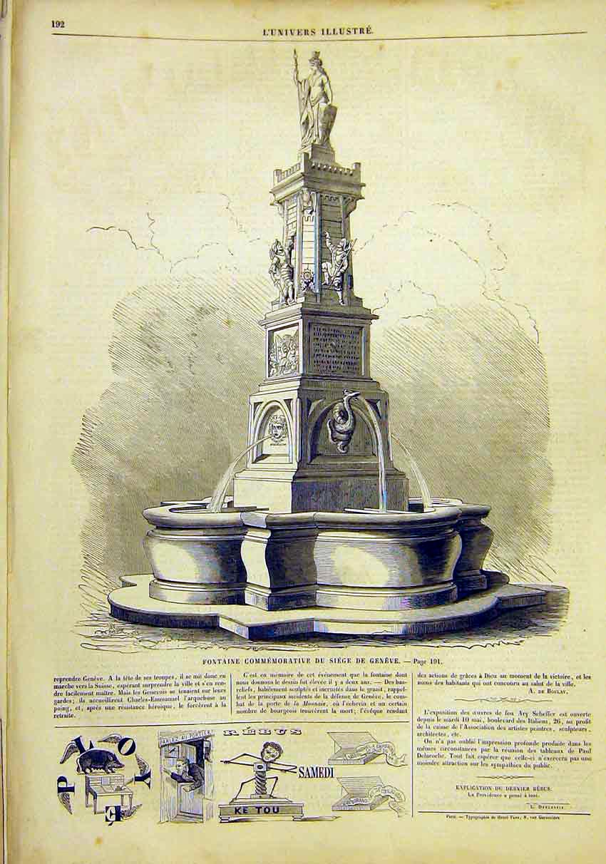 Original Old Antique Print Fountain Seige Geneva Switzerland French 1859 19th