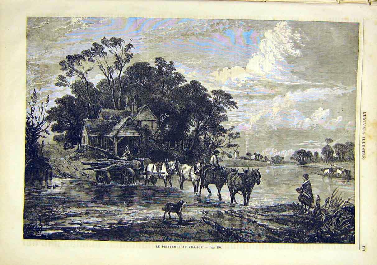 Original Old Antique Print Spring-Time Village Wood-Cart Fine Art 1859 Victorian