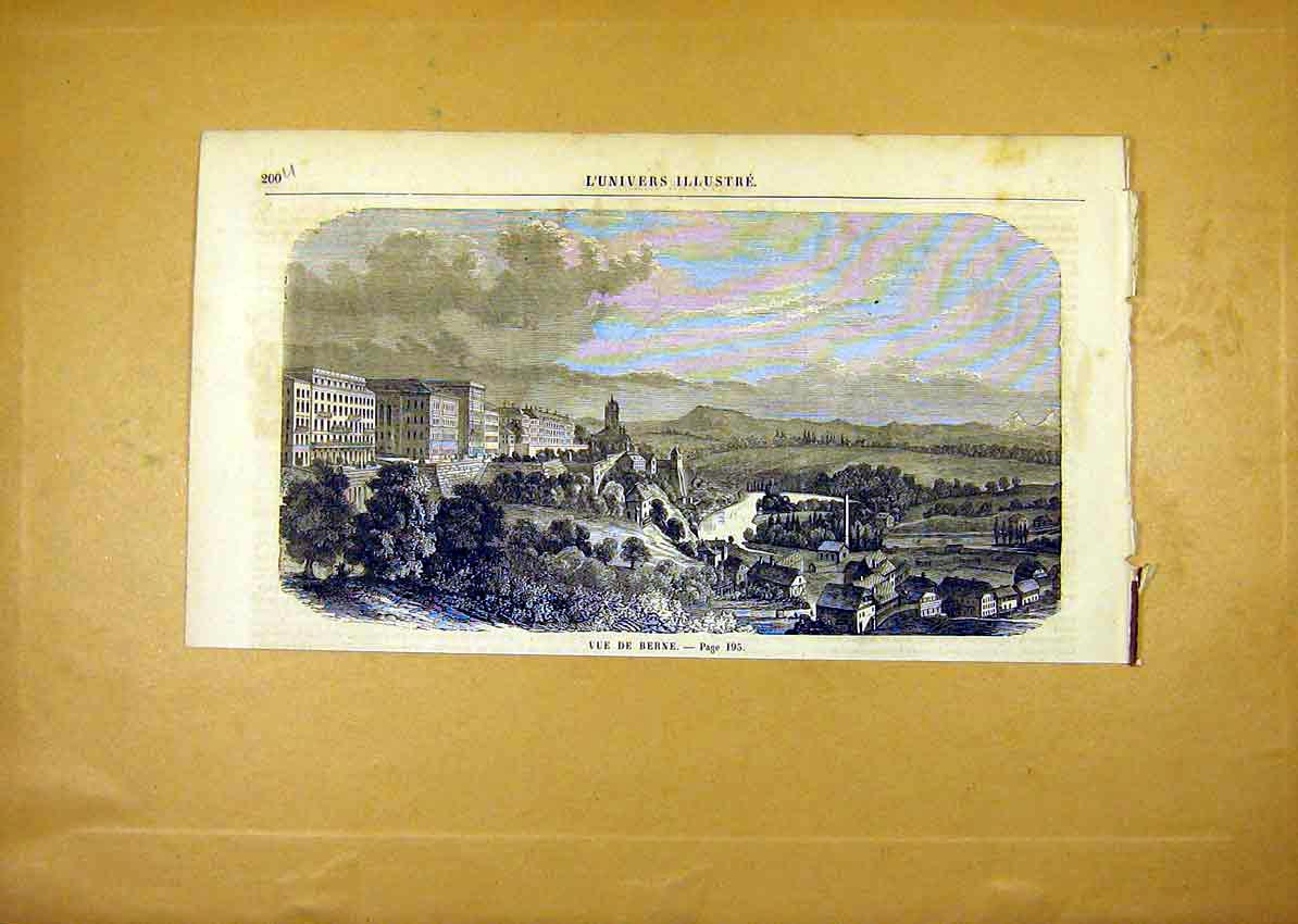 Original Old Antique Print View Berne Switzerland French 1859 19th