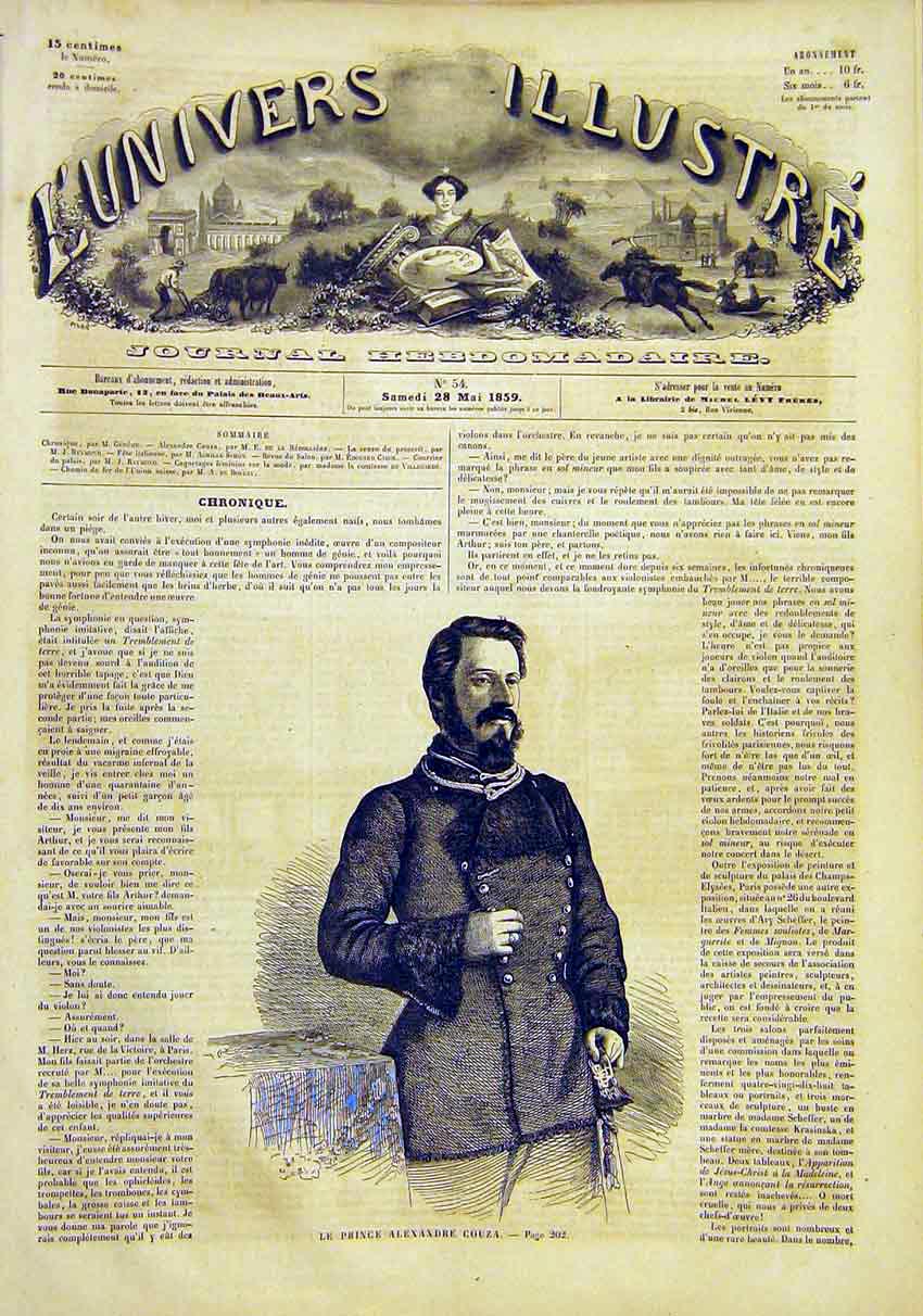 Original Old Antique Print Portrait Prince Alexander Couza French 1859 Victorian