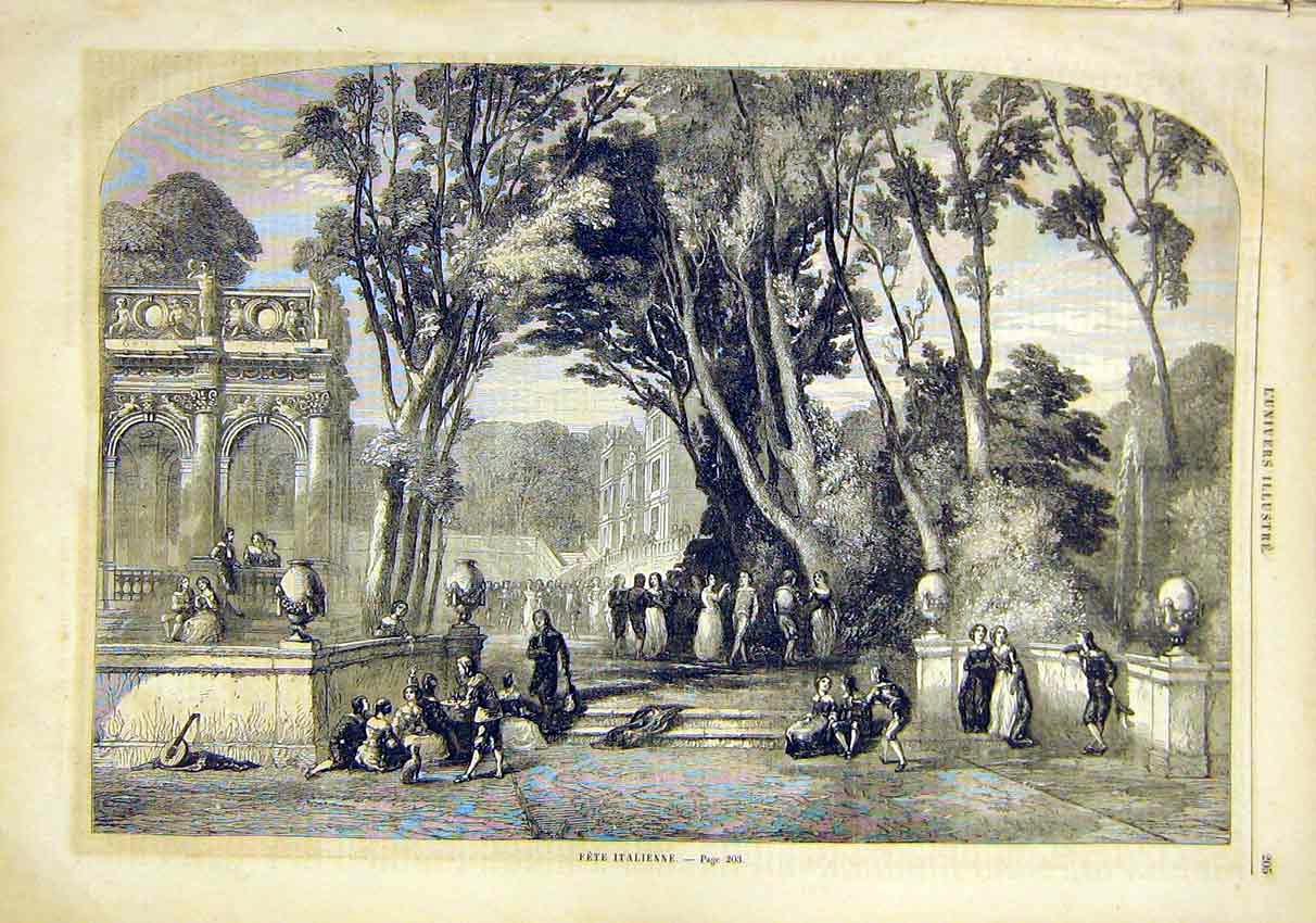 Original Old Antique Print Fete Italian Italy Park French 1859 19th