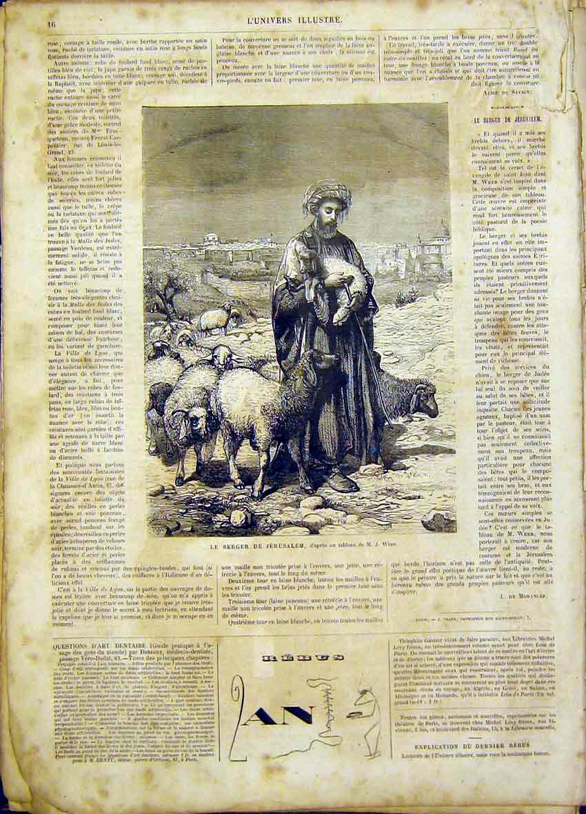 Original Old Antique Print Farmer Jerusalem Sheep Webb French 1865 Victorian