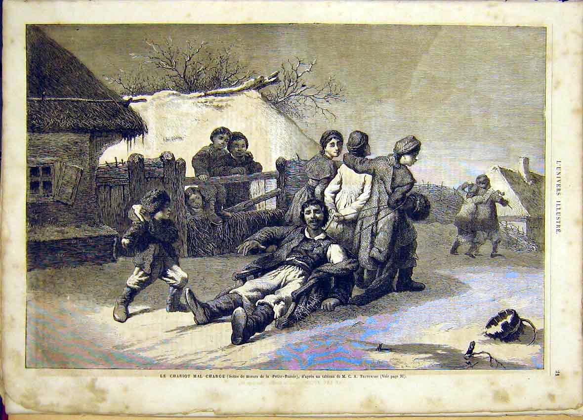 Original Old Antique Print Trutowski Russian Chariot Sketch French 1865 19th