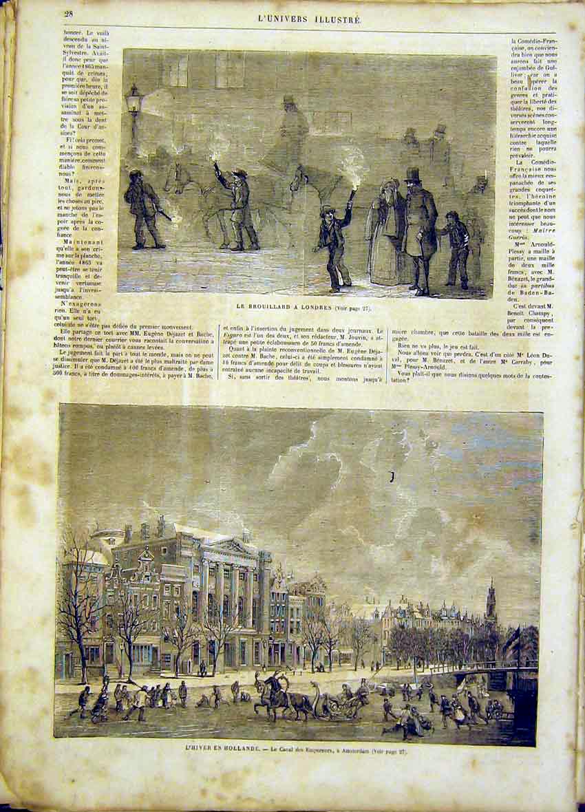 Original Old Antique Print London Winter Holland Canal Amsterdam French 1865