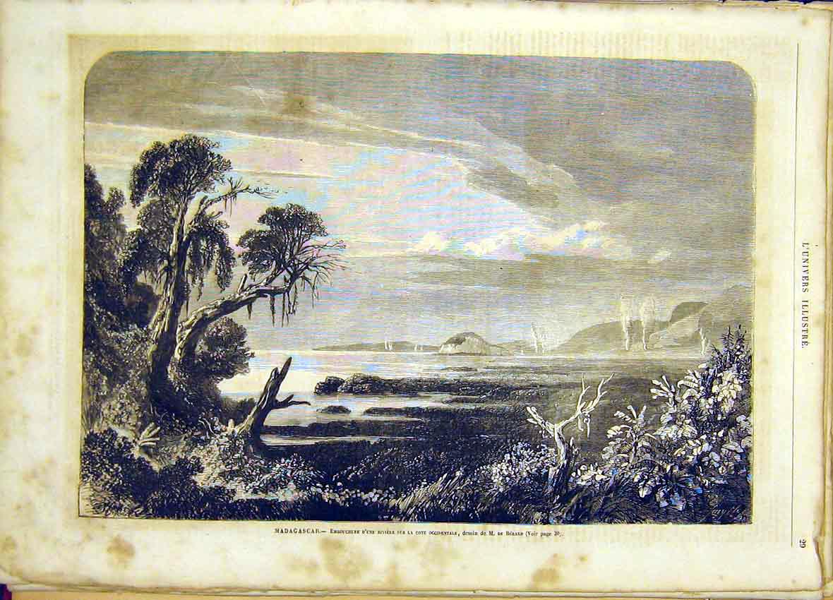 Original Old Antique Print Madagascar View Berard Fine Art French 1865 Victorian