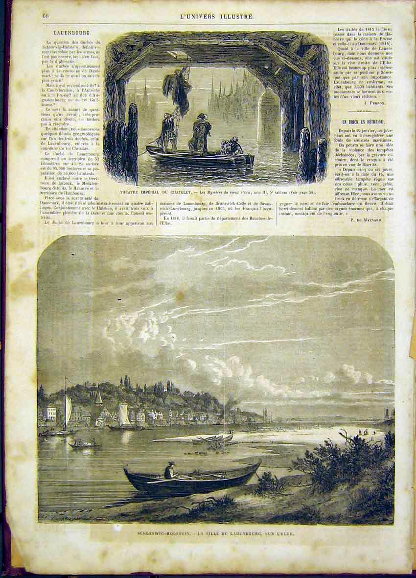 Old Antique Print Theatre Imperial Chatelet Schleswig-Holstein Elbe 1865 19th