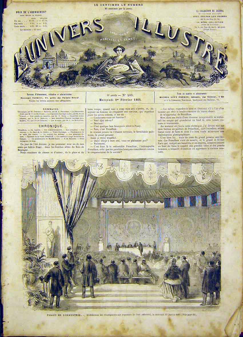 Original Old Antique Print Palace Industry French 1865 19th Century