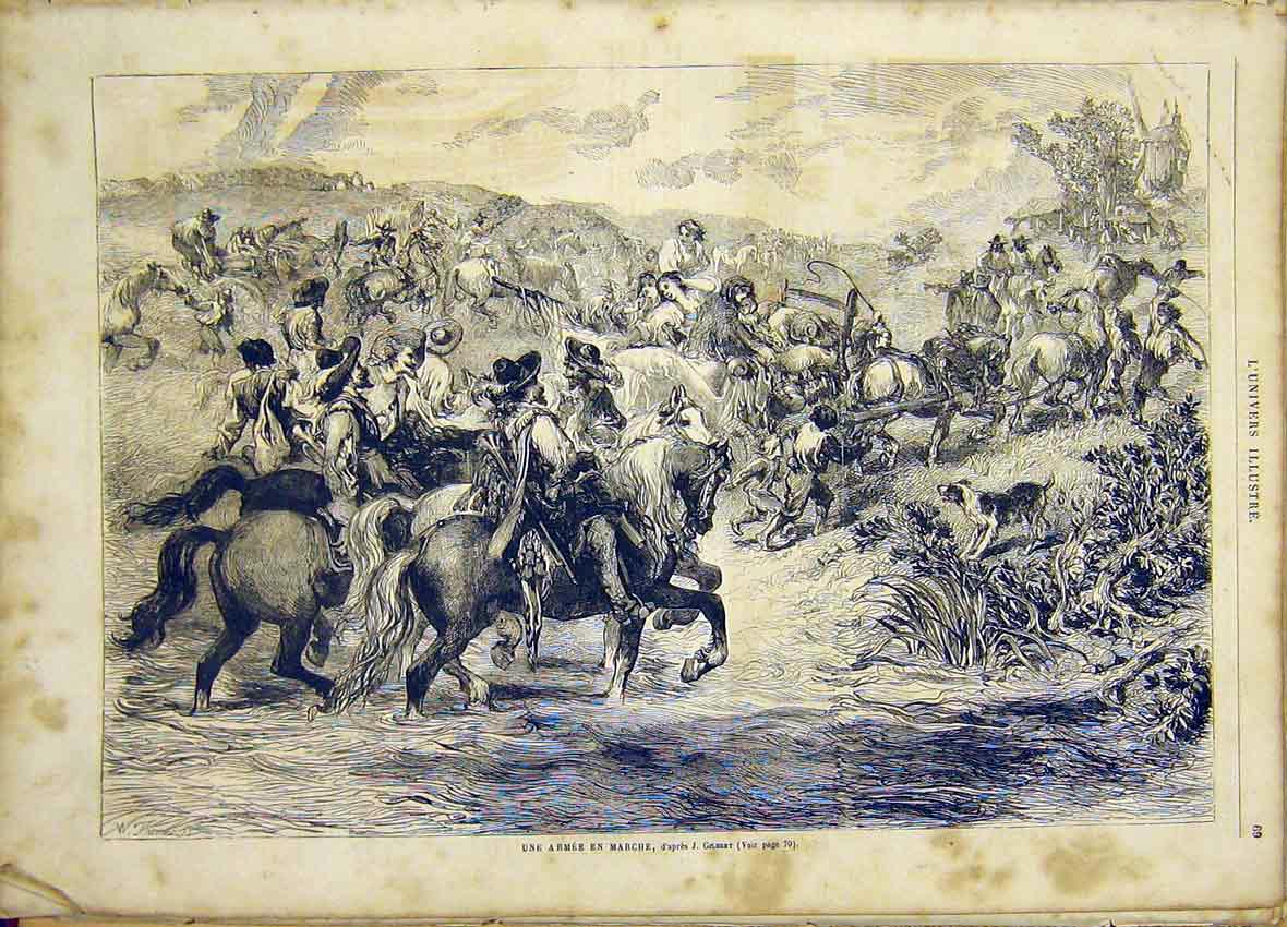 Original Old Antique Print Gilbert Army Fine Art French 1865 Troops Victorian