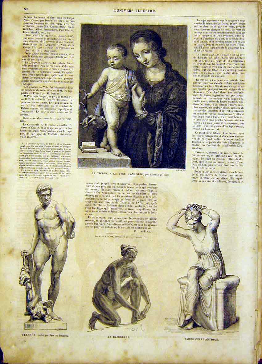 Original Old Antique Print Da Vinci Fine Art Statue Hercules Baigneuse 1865 19th