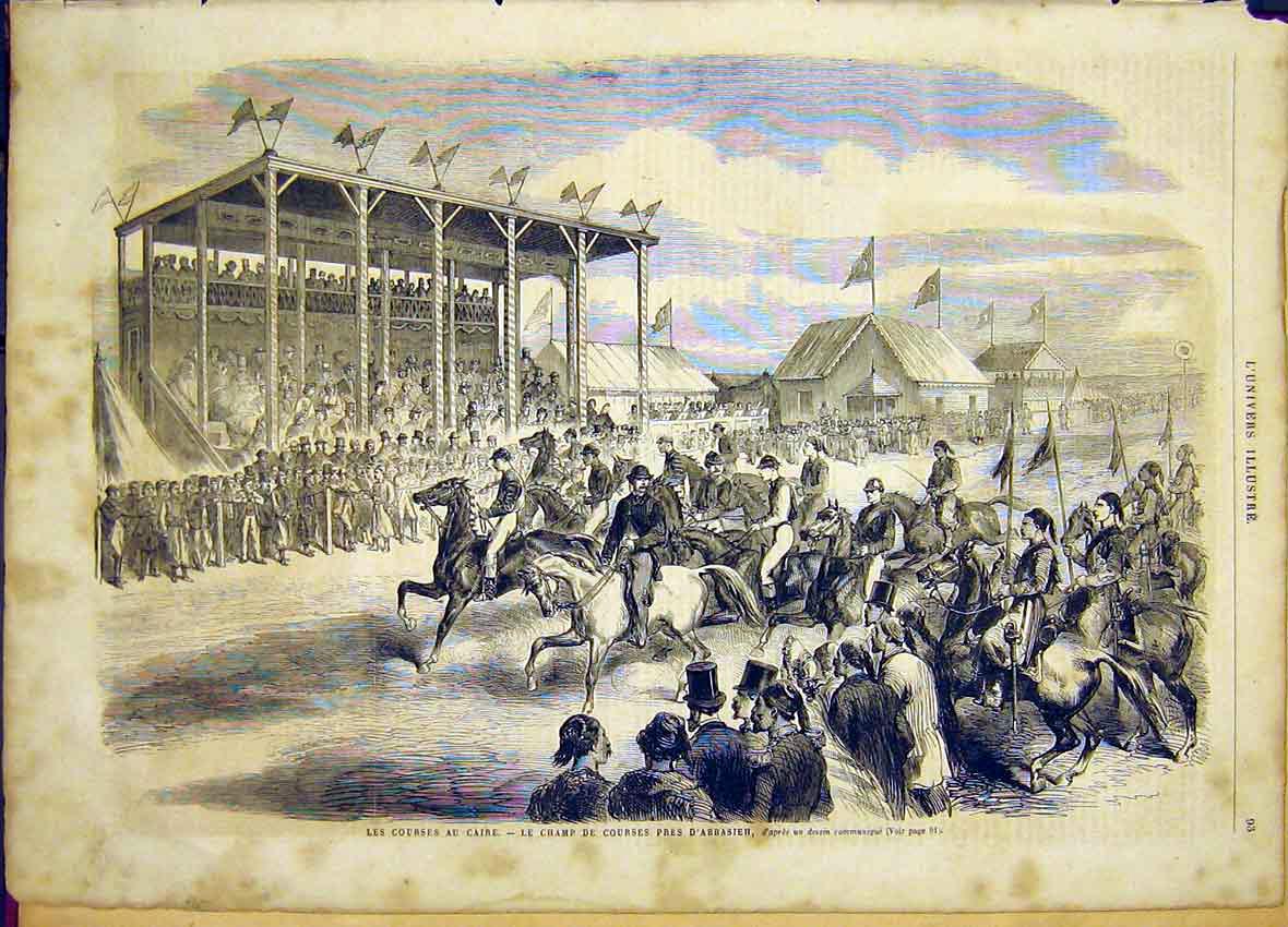 Original Old Antique Print Cairo Egypt Race Course Abbasieh French 1865 19th