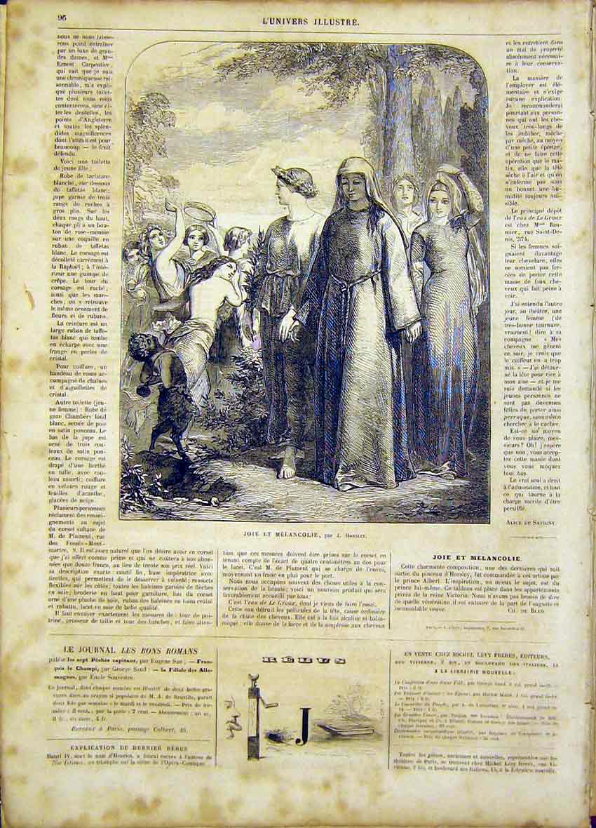 Original Old Antique Print Joy Melancholy Horsley Fine Art French 1865 Victorian