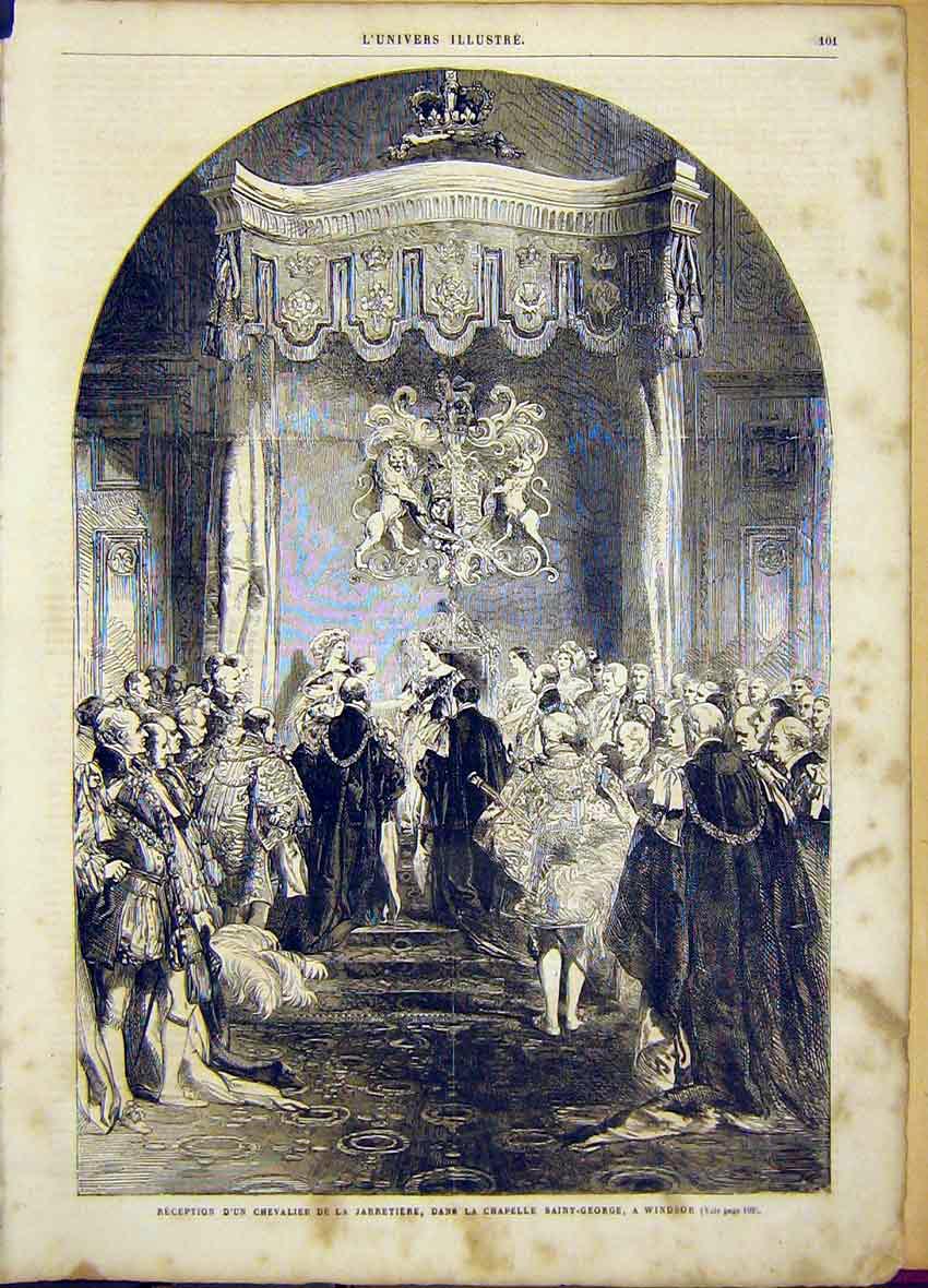 Original Old Antique Print Chapel Saint George Windsor Jarretiere 1865 Victorian