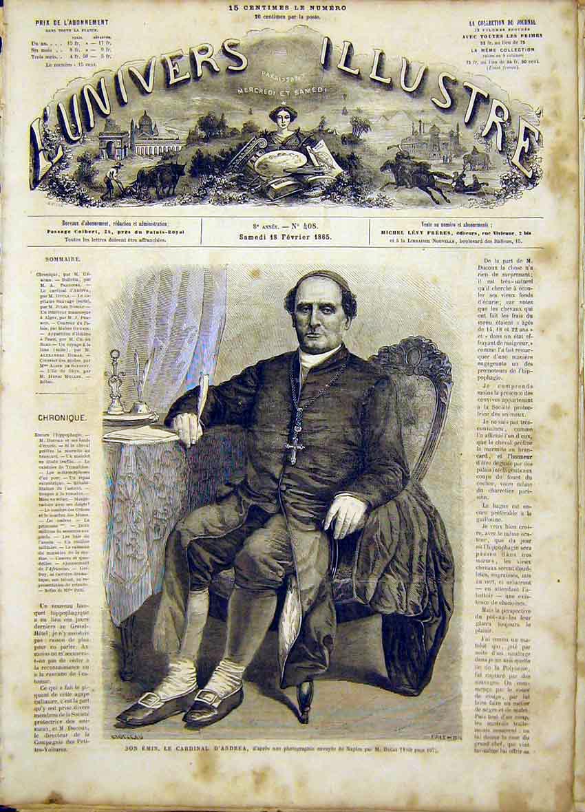 Original Old Antique Print Portrait Cardinal Andrea Naples Italy French 1865