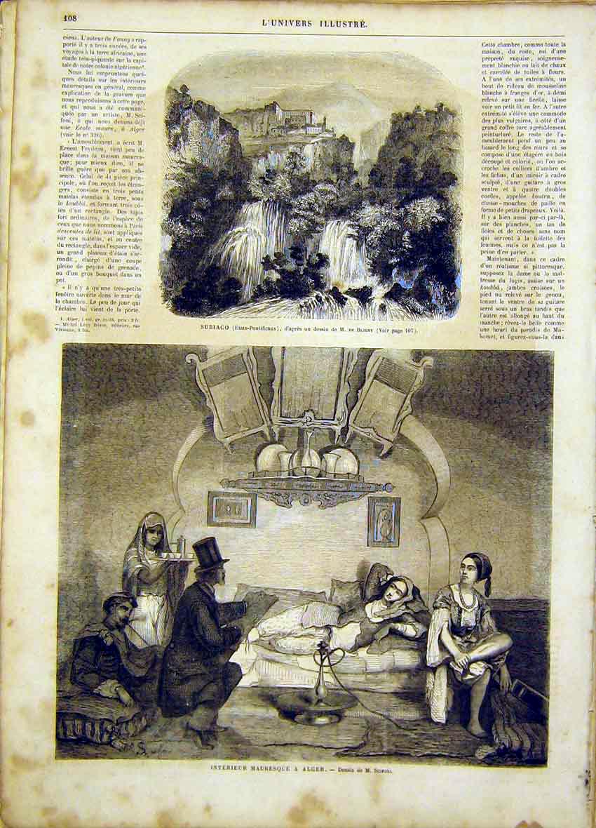 Original Old Antique Print Bligny Subiaco Alger Algiers Scifoni French 1865 19th