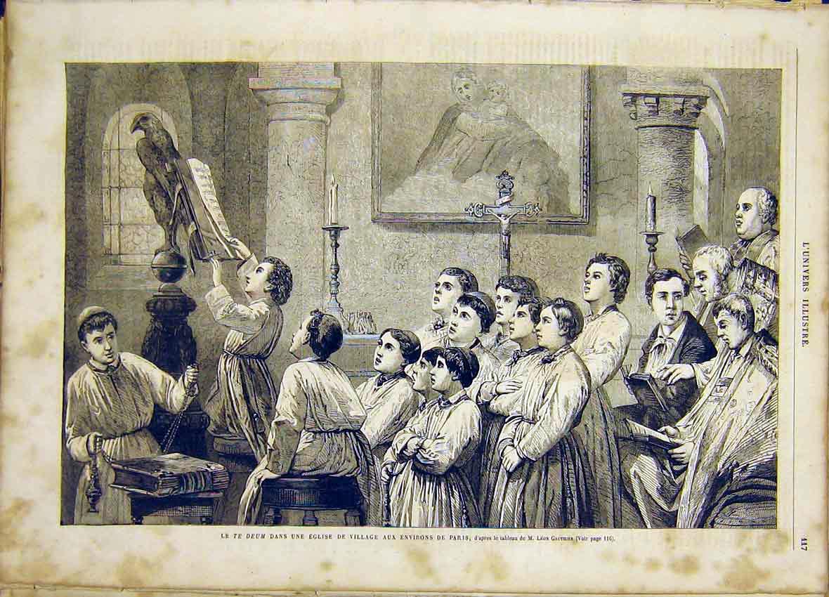 Original Old Antique Print Te Deum English Village Paris France French 1865 19th