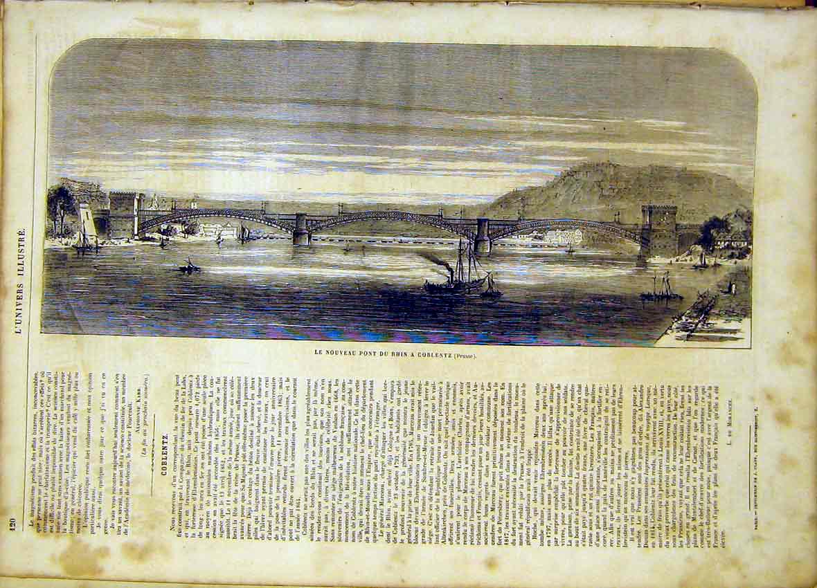 Original Old Antique Print Bridge Rhine Coblentz Prussia French 1865 Victorian