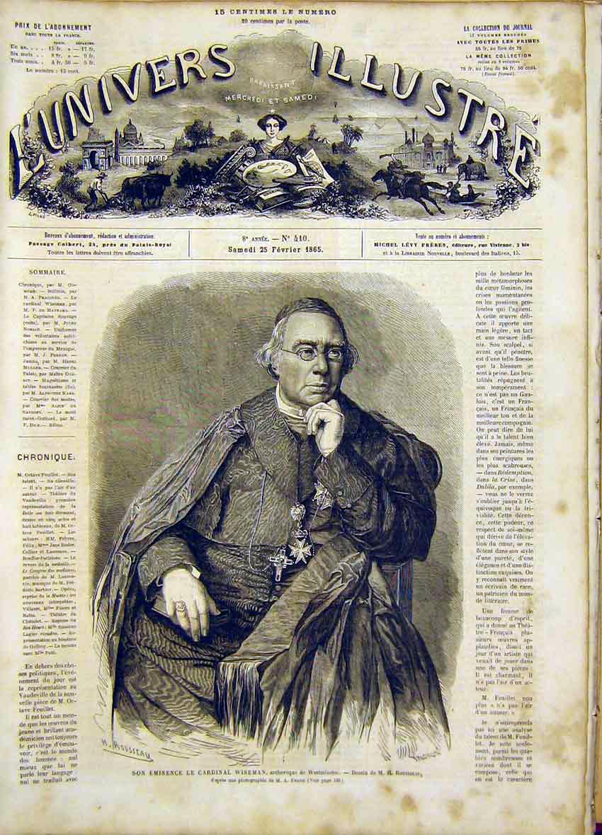 Original Old Antique Print Portrait Cardinal Wiseman Westminster French 1865