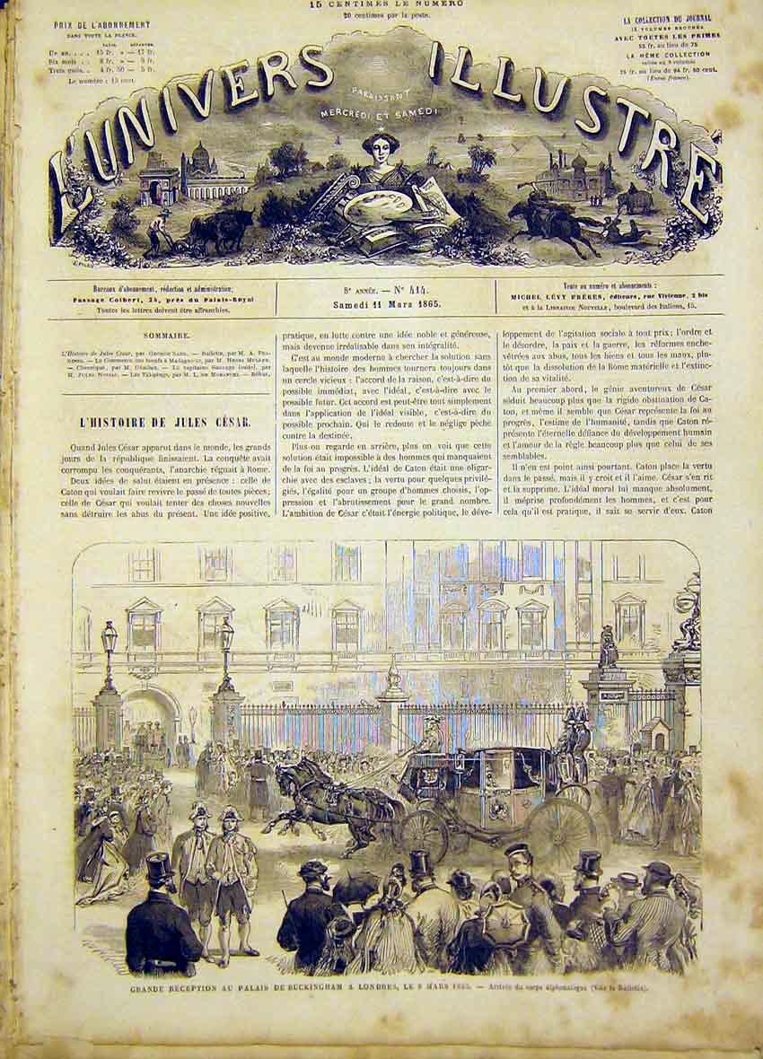 Original Old Antique Print Buckingham Palace London Reception French 1865 19th