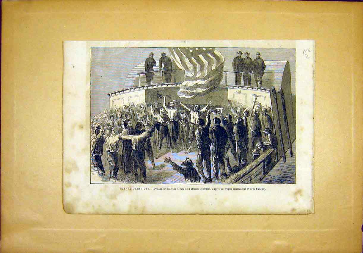 Original Old Antique Print American Civil War Steamer Prisoners 1865 Victorian