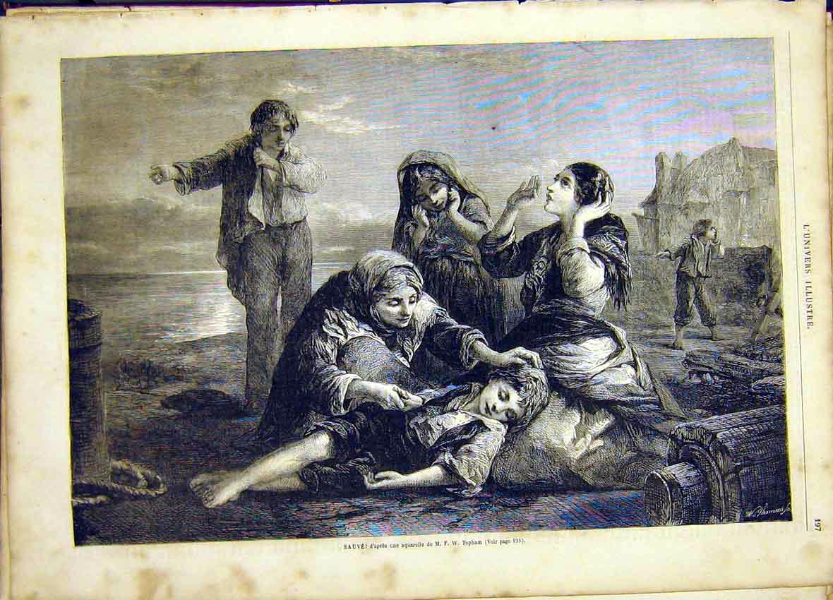 Original Old Antique Print Saved Topham Fine Art French 1865 Boy Beach Sea 19th