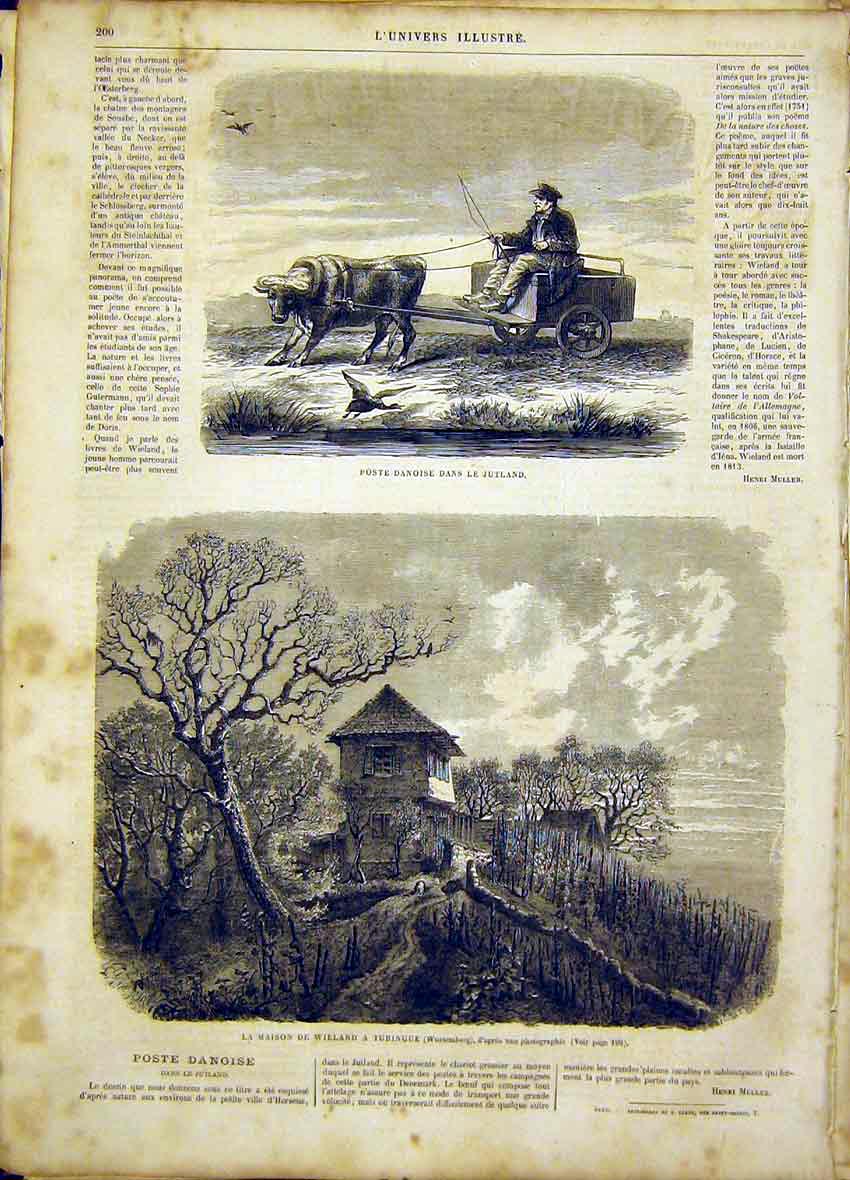 Original Old Antique Print Danish Jutland Denmark Wurtenberg Wieland 1865 19th