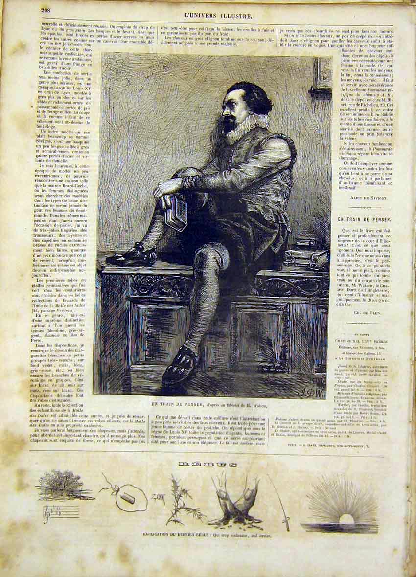 Original Old Antique Print Thought Watson Fine Art French 1865 Man Thinking 19th