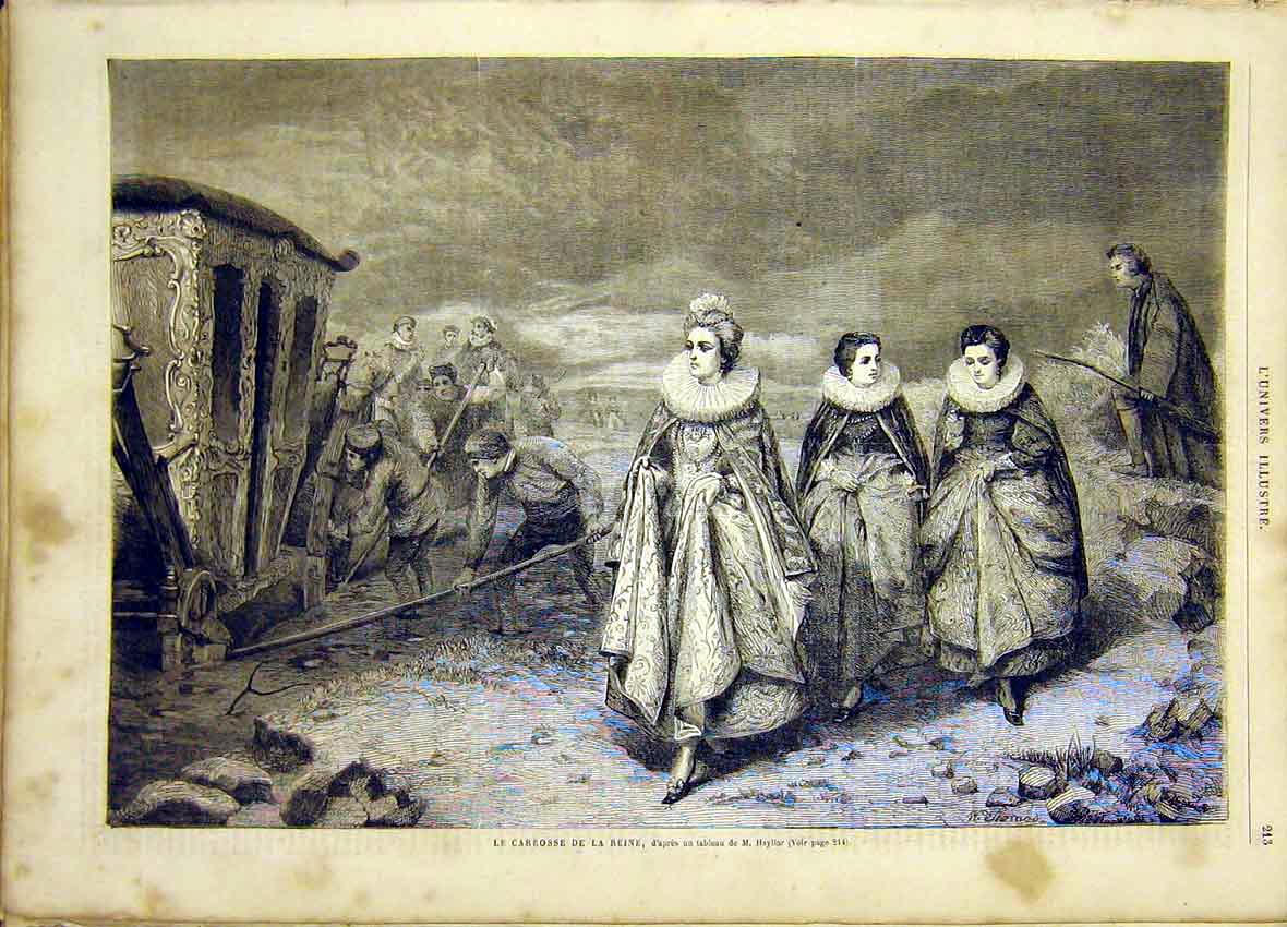 Original Old Antique Print Carriage Queen Hayllar French 1865 19th