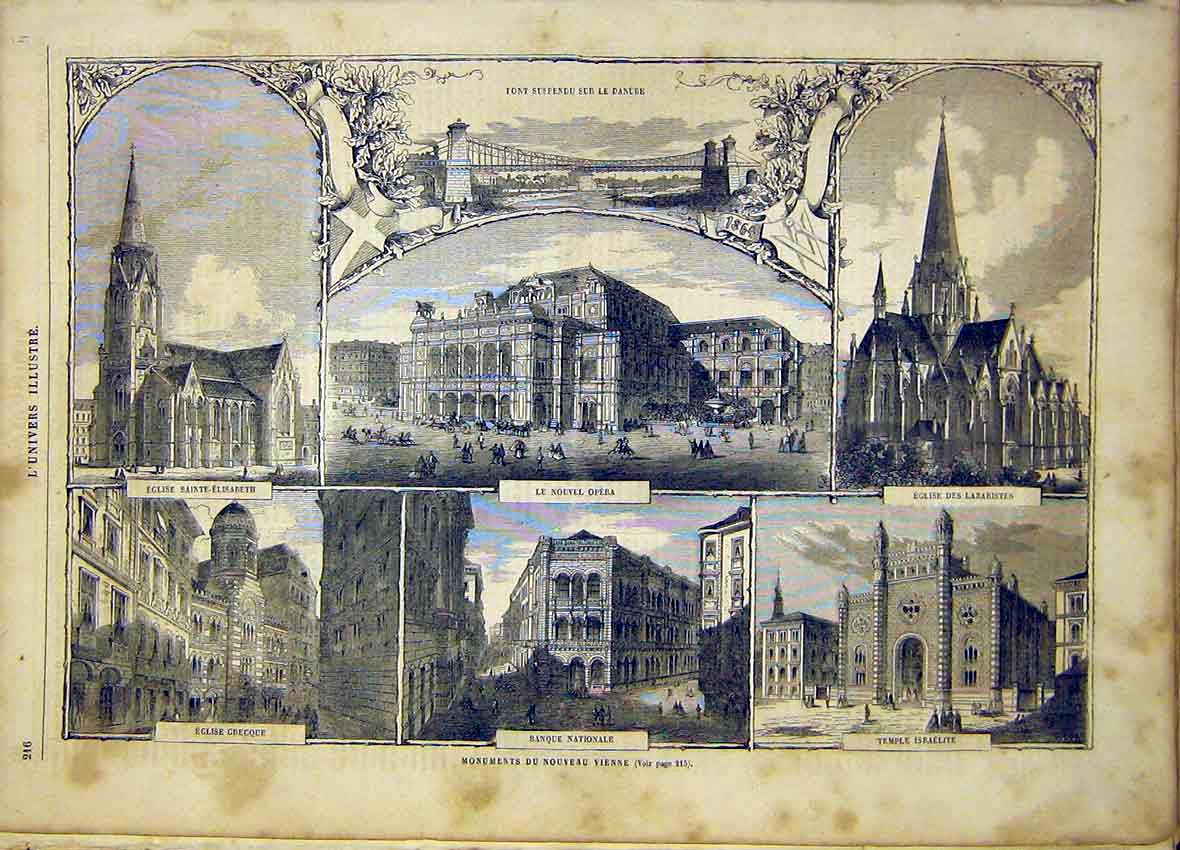 Original Old Antique Print Danube River Opera Lazarist Temple Bank 1865 19th
