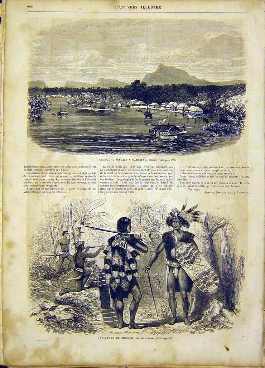 Original Old Antique Print Borneo Natives Sarawak Boat Sonde French 1865 19th