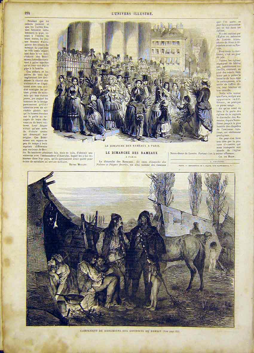 Original Old Antique Print Paris Rameaux Berlin Bohemian Camp French 1865 19th