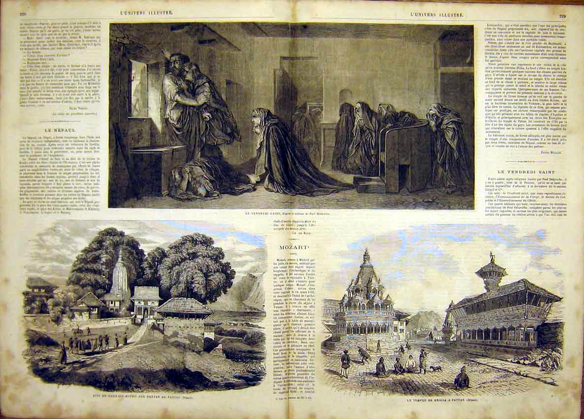 Original Old Antique Print Saint Delaroche Nepal Temple Pattan French 1865 19th