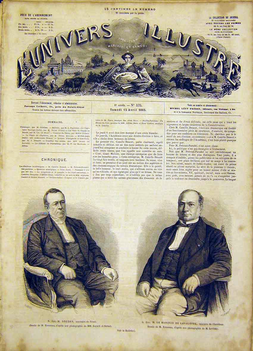 Original Old Antique Print Portrait Boudet Senate Lavalette Minister 1865 19th