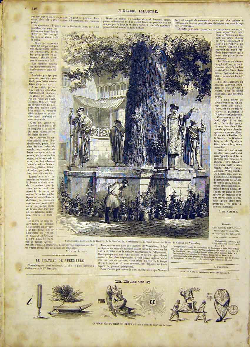 Original Old Antique Print Statue Bavaria Souabe Wurtemberg Tyrol Nuremberg 1865