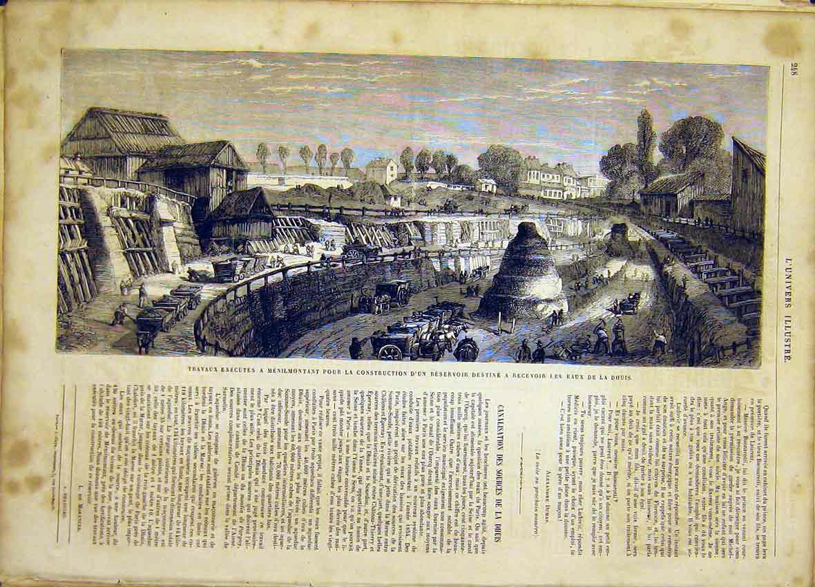 Original Old Antique Print Dhuis Resevoir Construction River French 1865 19th
