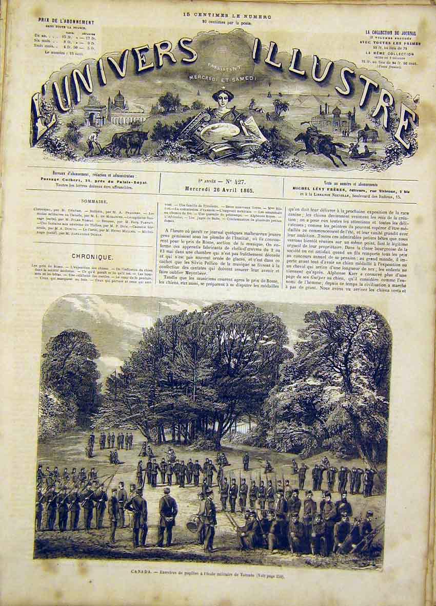 Original Old Antique Print Canada Toronto Military French 1865 19th