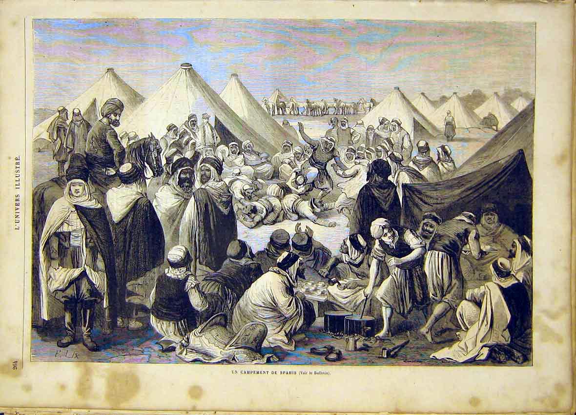 Original Old Antique Print Spahis Camp French 1865 19th Century