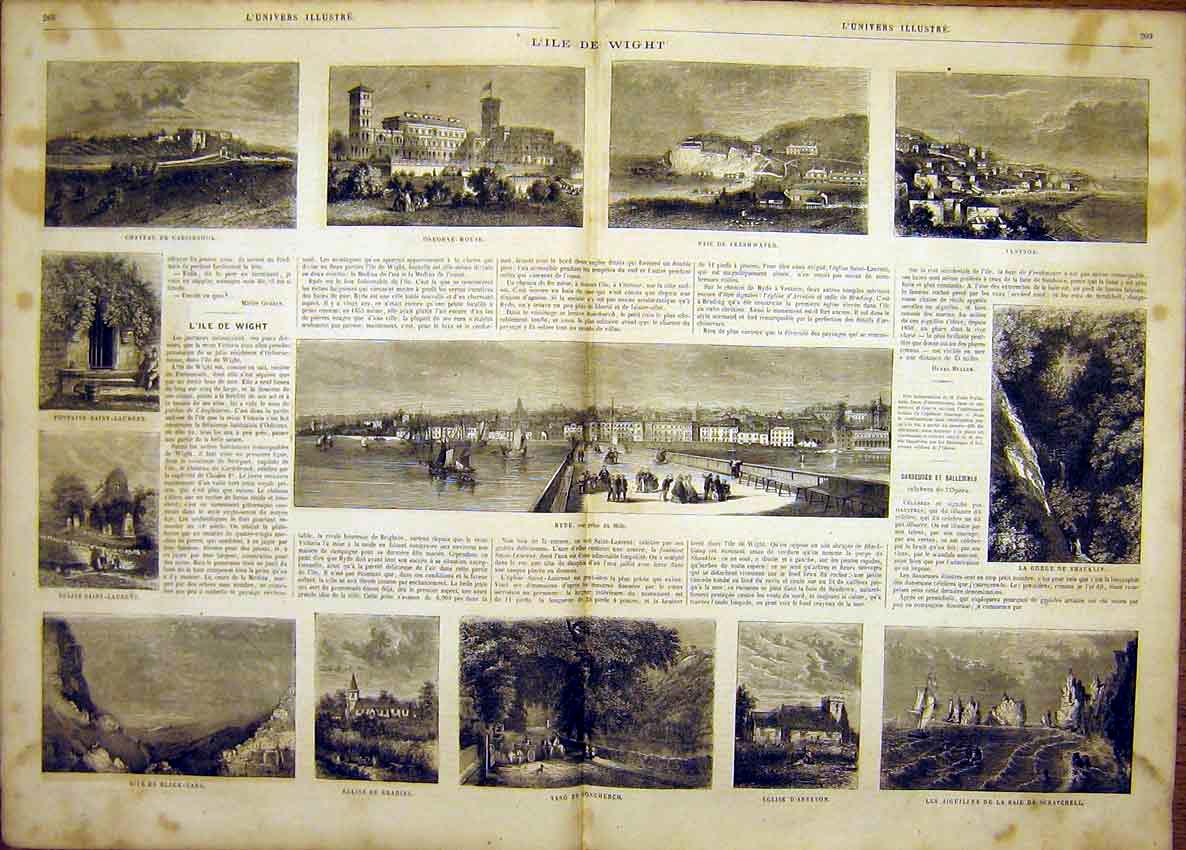 Original Old Antique Print Isle Wight Osborne Ventnor Ryde French 1865 19th