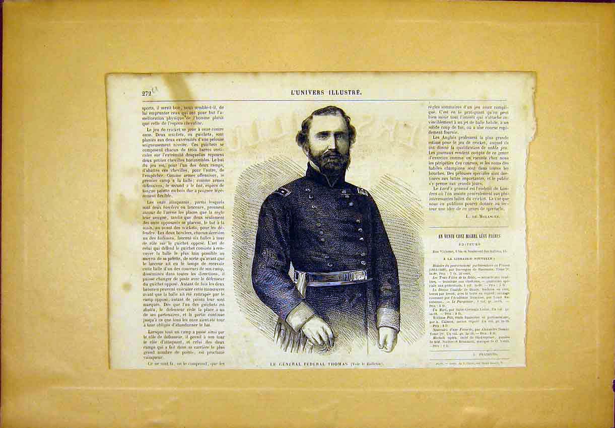 Original Old Antique Print Portrait General Thomas Military French 1865 19th