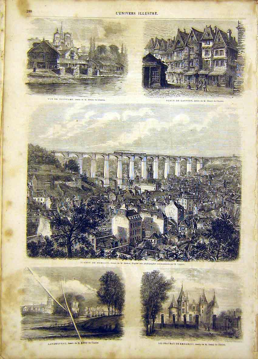 Original Old Antique Print Cluzion Morlaix Landerneau Guigamp Lannion 1865 19th