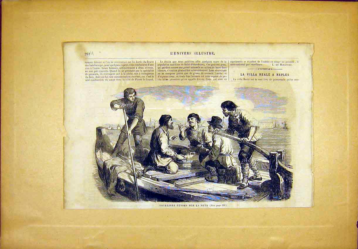 Original Old Antique Print Boat Russian Neva River French 1865 19th