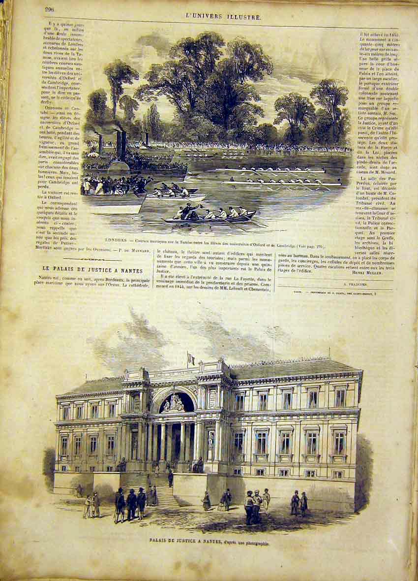 Original Old Antique Print London Thames Boat Oxford Cambridge Nantes 1865 19th