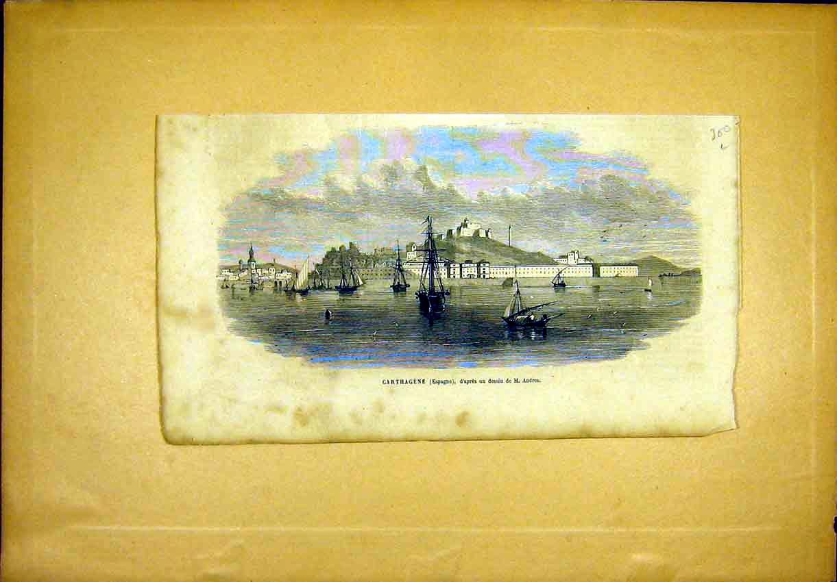 Original Old Antique Print Carthagena Spain Andros French 1865 19th