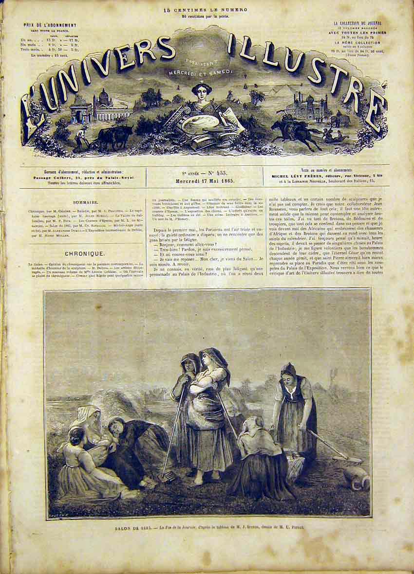 Original Old Antique Print Journey End Breton Fine Art French 1865 Victorian