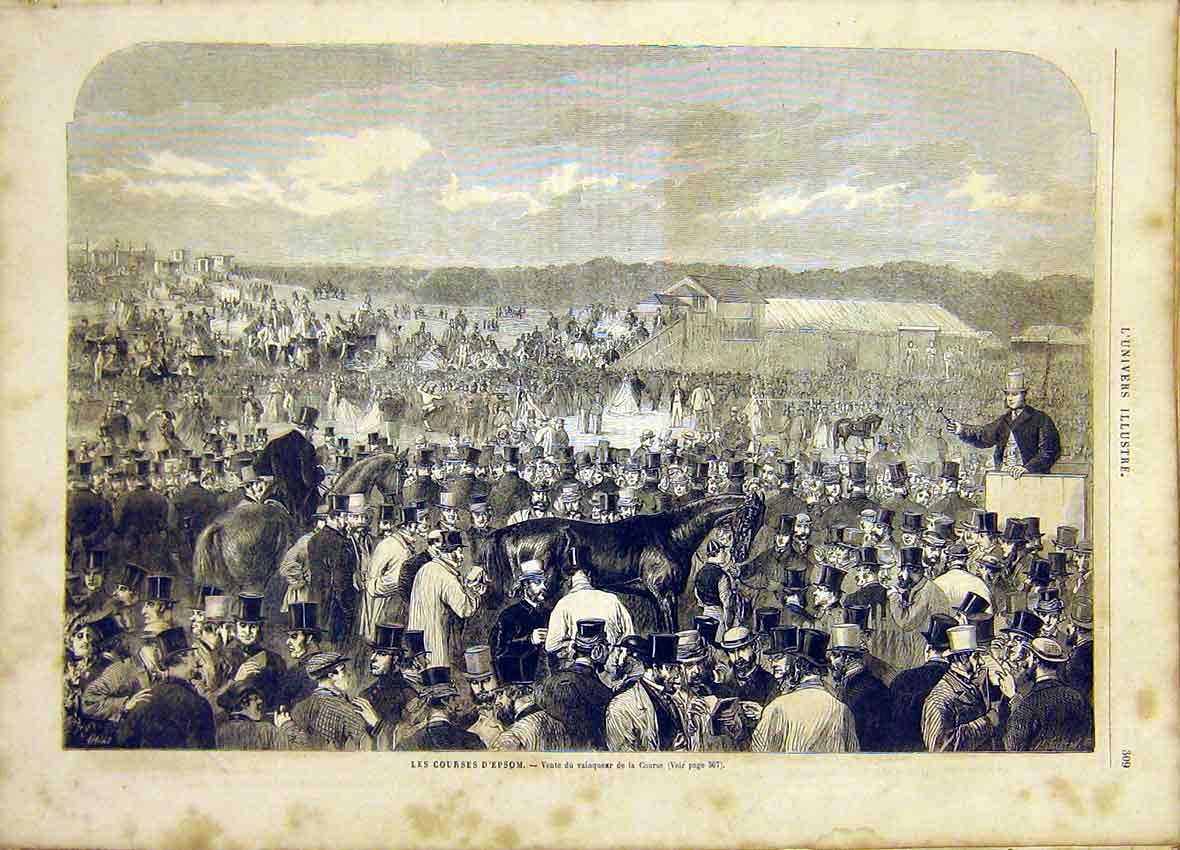 Original Old Antique Print Race Course Epson Horse Racing French 1865 Victorian
