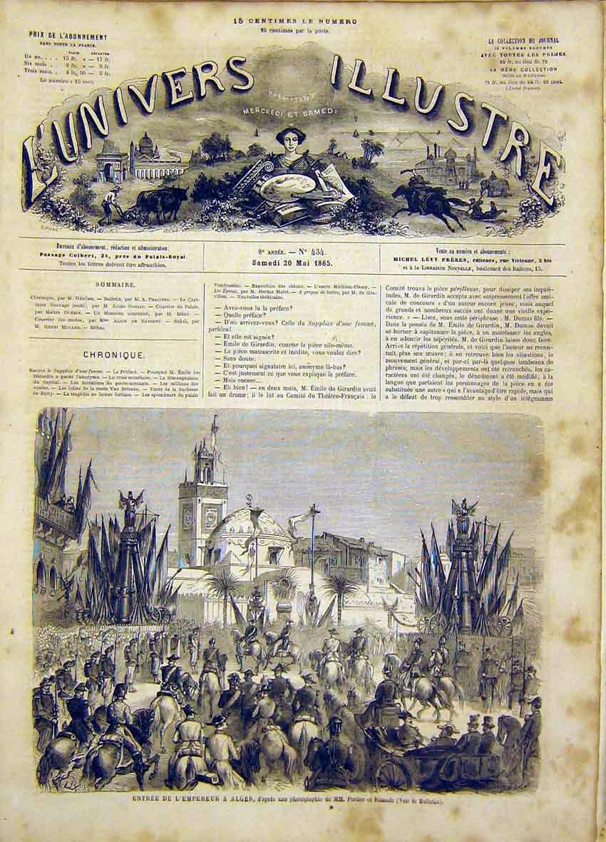 Original Old Antique Print Emperor Algiers Africa Alger French 1865 Victorian