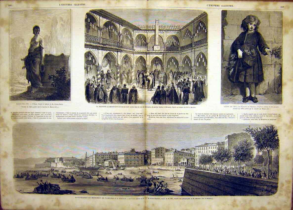 Original Old Antique Print Statue Ajaccio Arabs Napoleon French 1865 Victorian