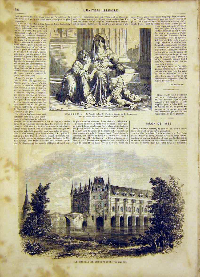 Original Old Antique Print Castle Chenonceaux Indigent Family Bouguereau 1865