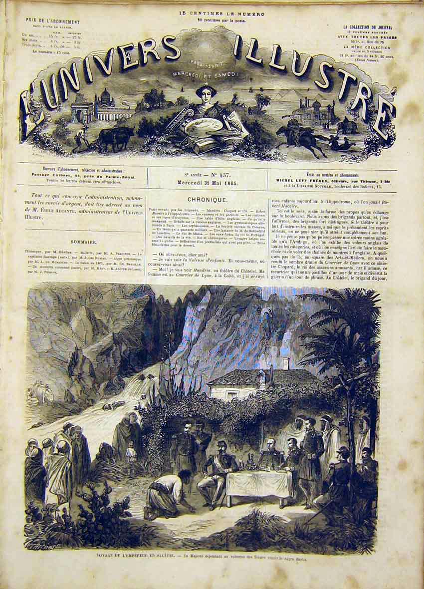 Original Old Antique Print Emperor Algeria Singes Barka French 1865 Victorian